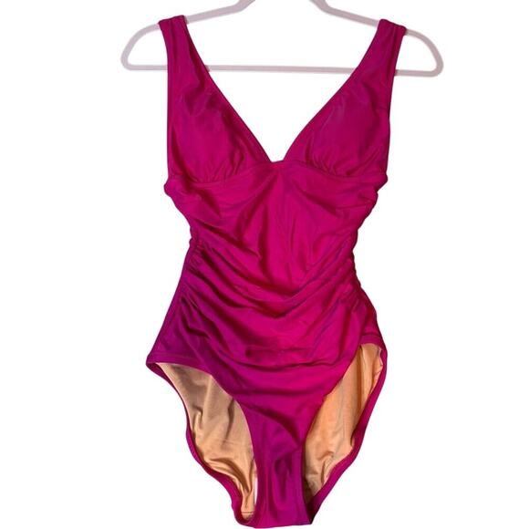 J.Crew Radiant Fuchsia Ruched V-Neck One-Piece Swimsuit NWT Size 2 - Picture 2 of 4